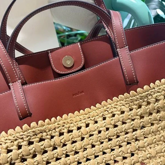 Polene Paris Crochet Straw Tote Bag Browm Leather Trim - Picture 5 of 10